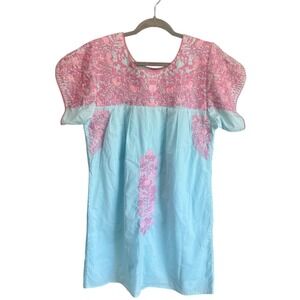 Buddy Love Womens Blue Pink Embroidered Boho Daydress‎ Tunic Top Small